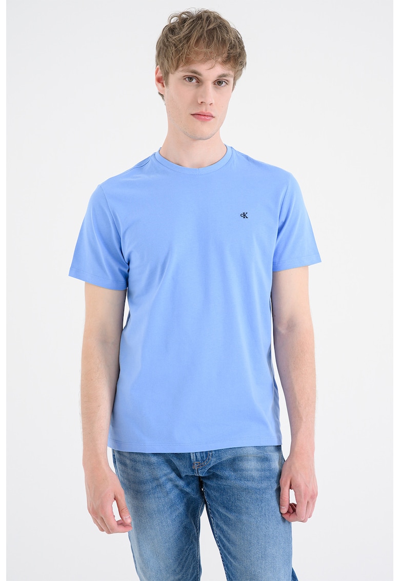 Tricou din bumbac cu decolteu la baza gatului - Albastru azur
