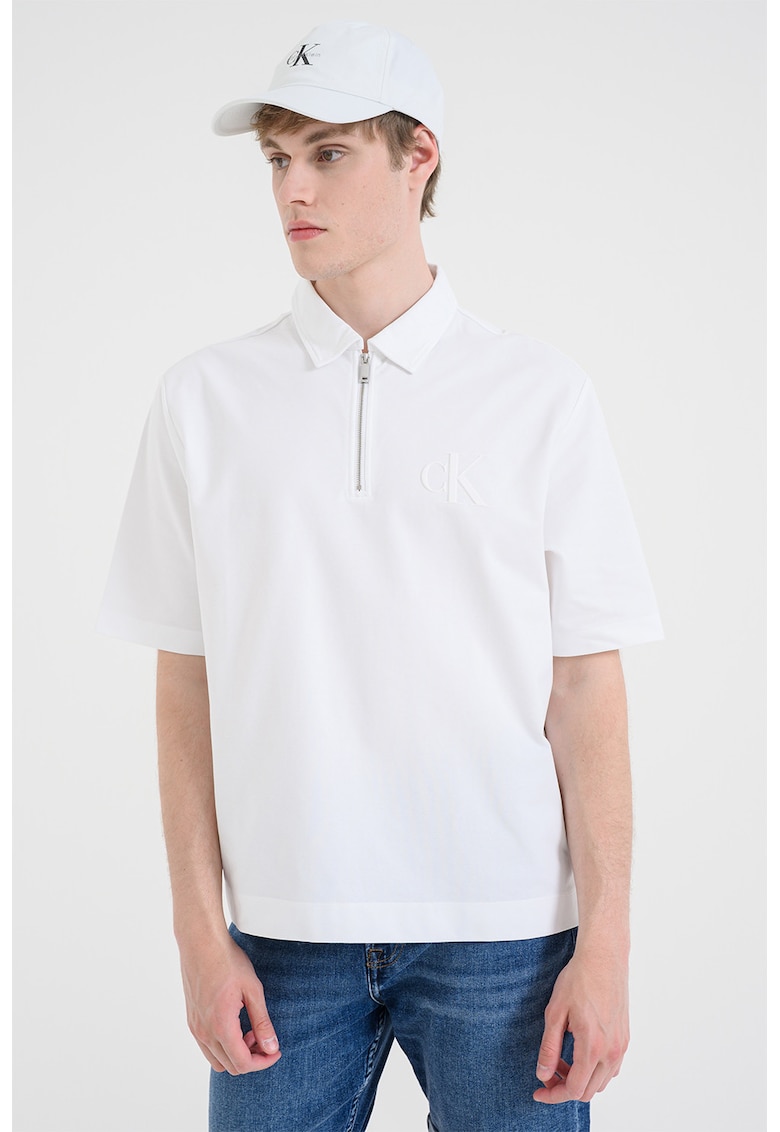 Tricou polo cu fermoar scurt - Alb