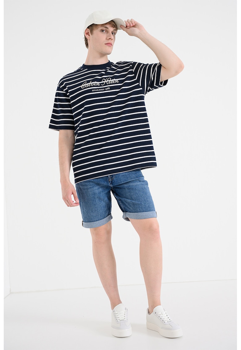 Tricou lejer din bumbac cu model in dungi - Alb/Bleumarin
