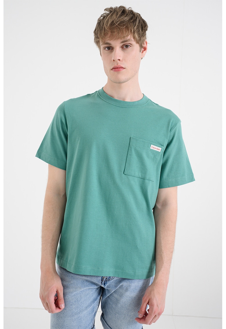 Tricou de bumbac cu buzunar pe piept - Verde sparanghel