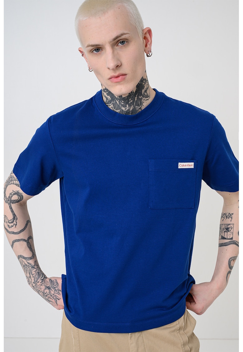 Tricou de bumbac cu buzunar pe piept - Albastru inchis