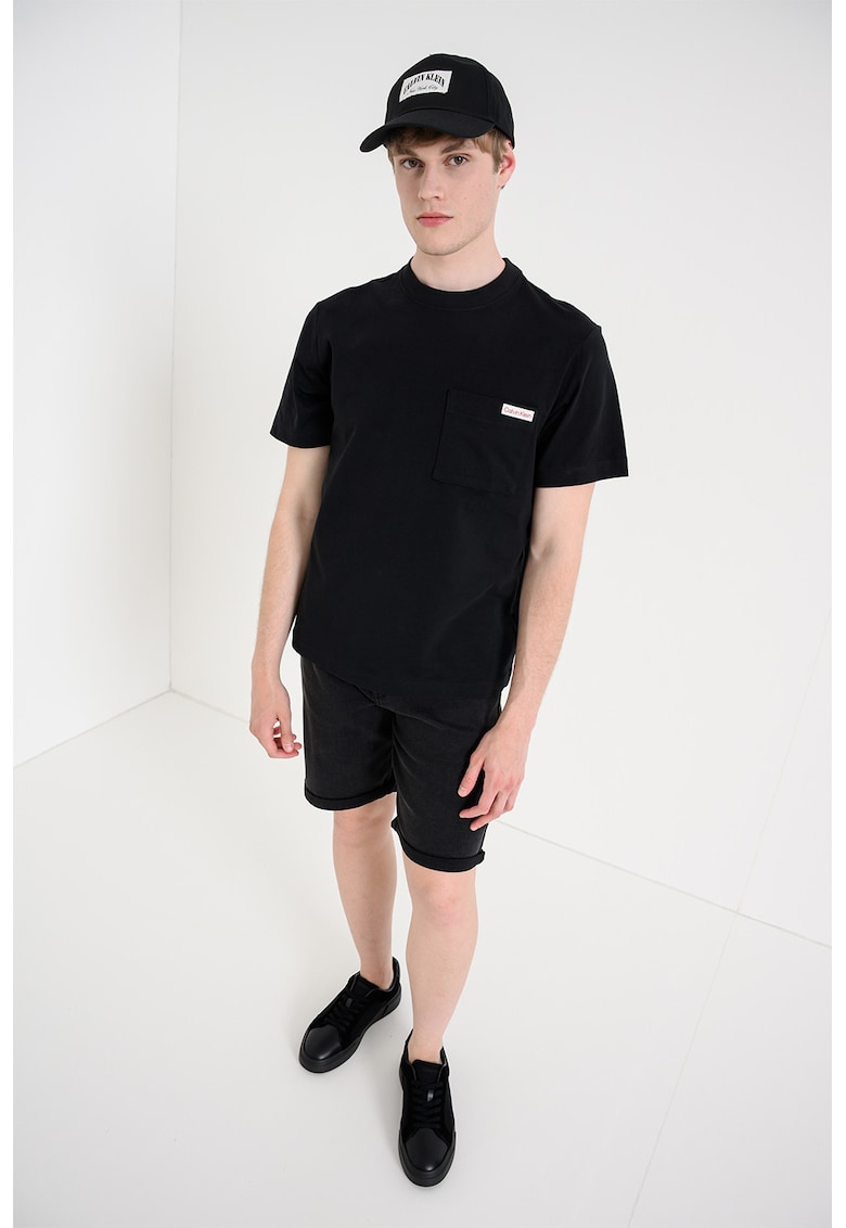 Tricou de bumbac cu buzunar pe piept - Negru