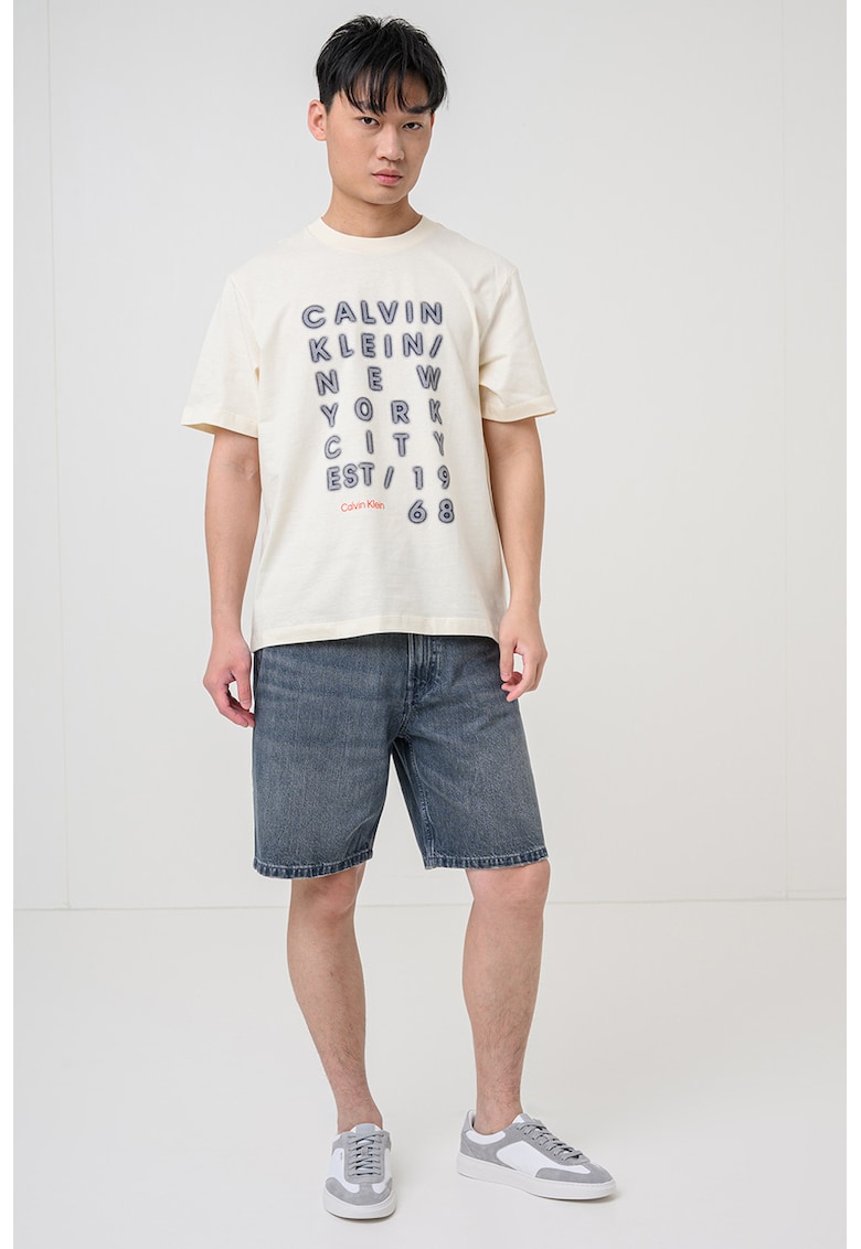Tricou de bumbac cu imprimeu logo - Bej deschis/Bleumarin
