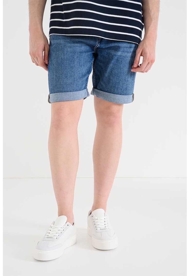 Bermude slim fit de denim cu terminatii pliabile - Albastru