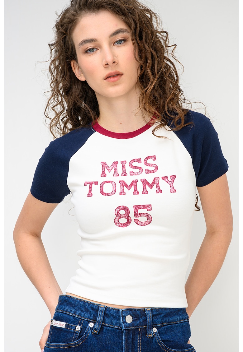 Tricou crop slim fit - Alb/Visiniu/Bleumarin