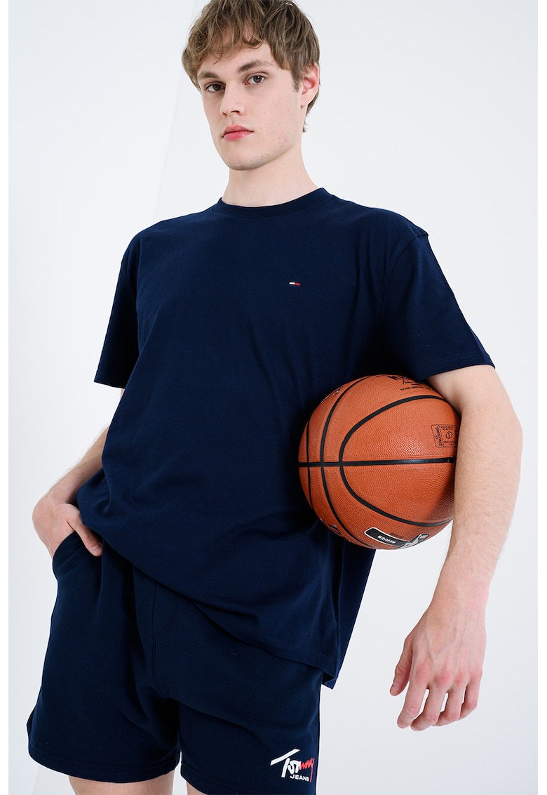 Tricou din bumbac cu decolteu la baza gatului - Bleumarin