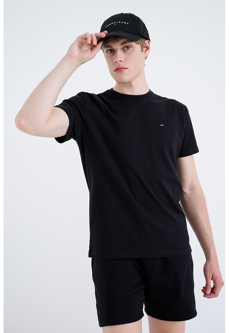 Tricou din bumbac cu decolteu la baza gatului - Negru