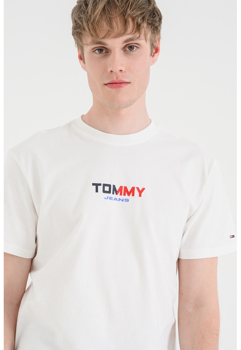 Tricou cu decolteu la baza gatului si imprimeu logo - Crem