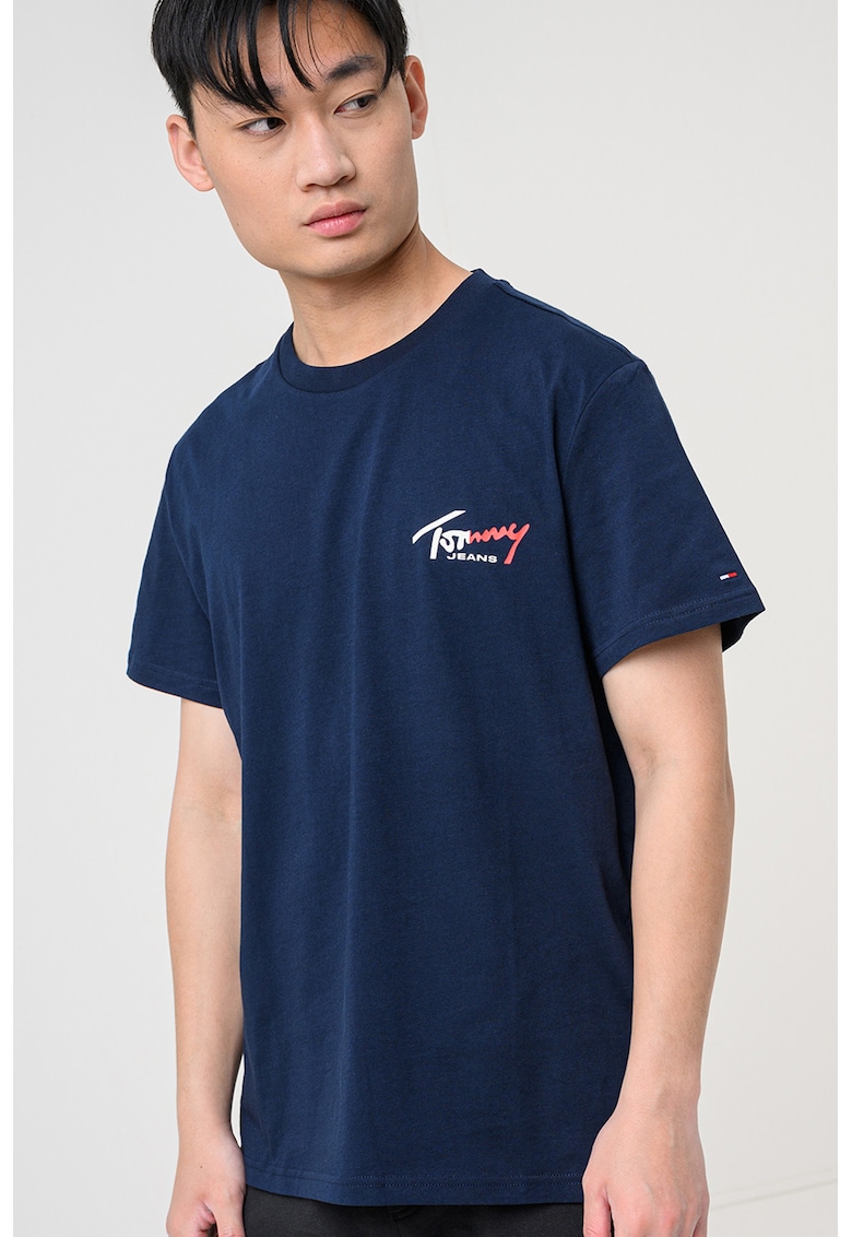 Tricou cu decolteu la baza gatului si imprimeu logo - Alb/Bleumarin