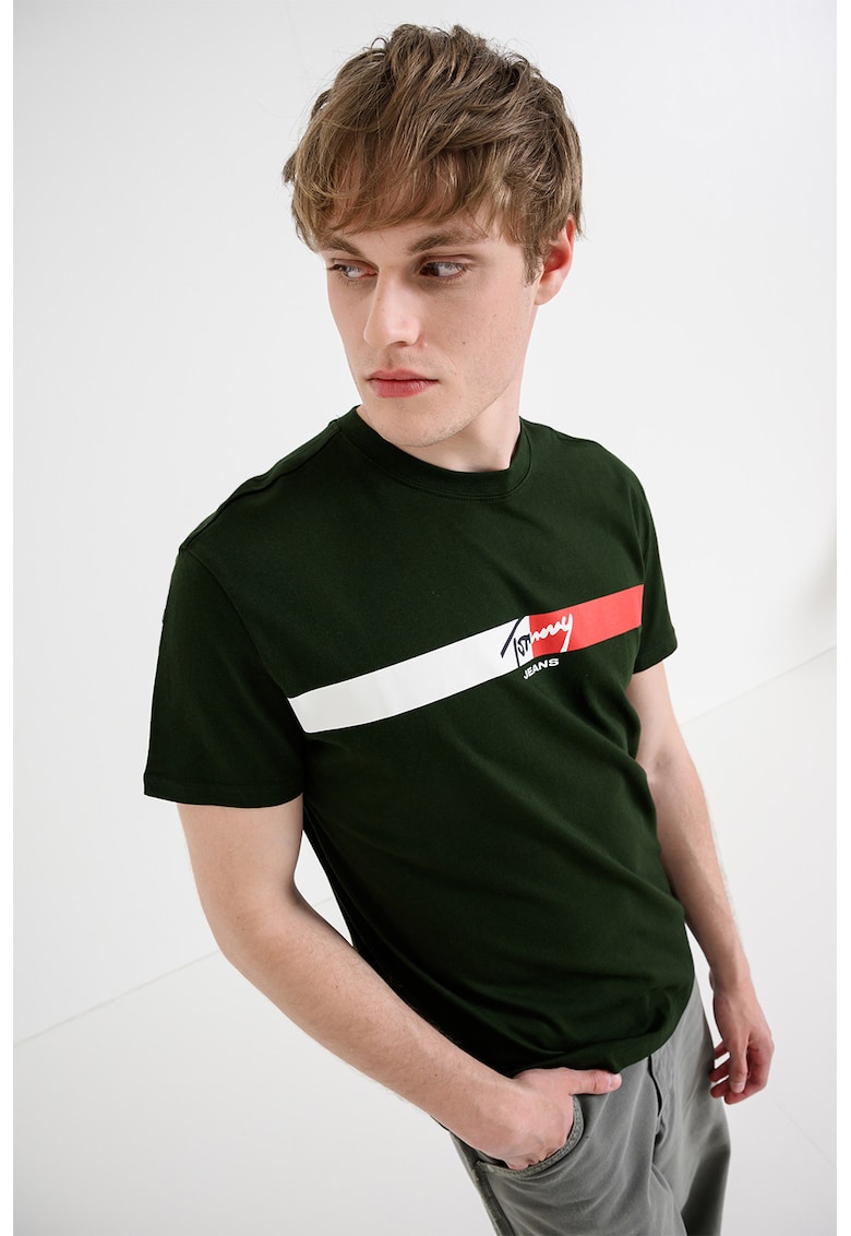 Tricou cu decolteu la baza gatului si imprimeu logo - Verde inchis