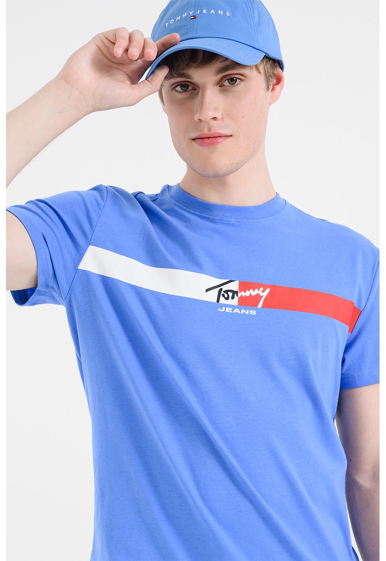 Tricou cu decolteu la baza gatului si imprimeu logo - Albastru