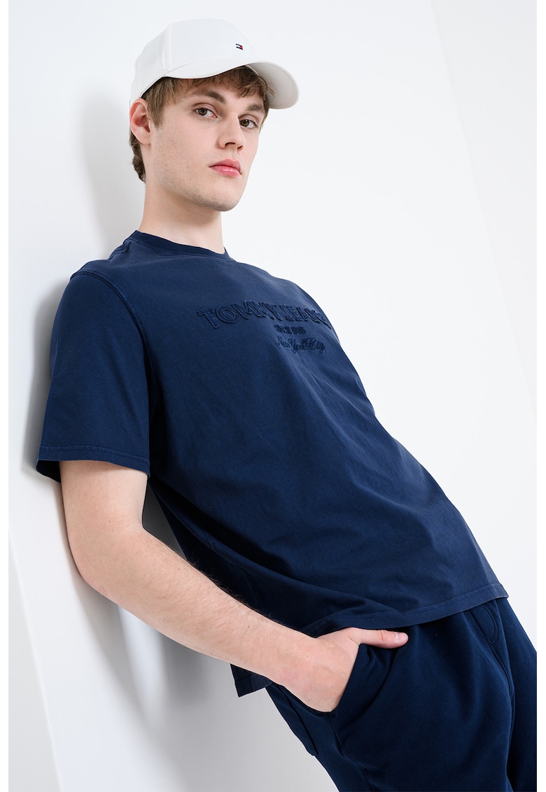 Tricou cu decolteu la baza gatului si imprimeu logo - Bleumarin