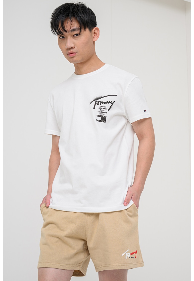 Tricou de bumbac cu decolteu la baza gatului - Alb fildes/Negru