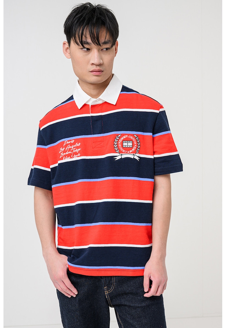 Tricou polo cu model in dungi si broderie logo - Rosu/Albastru ultramarin