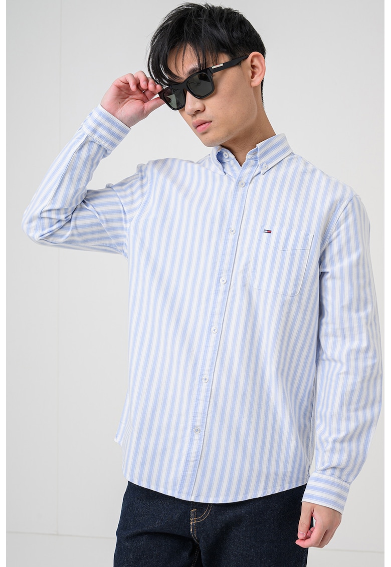 Camasa cu model in dungi si guler clasic - Alb/Albastru azur