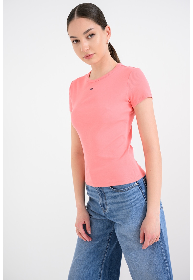 Tricou slim fit striat - Roz piersica