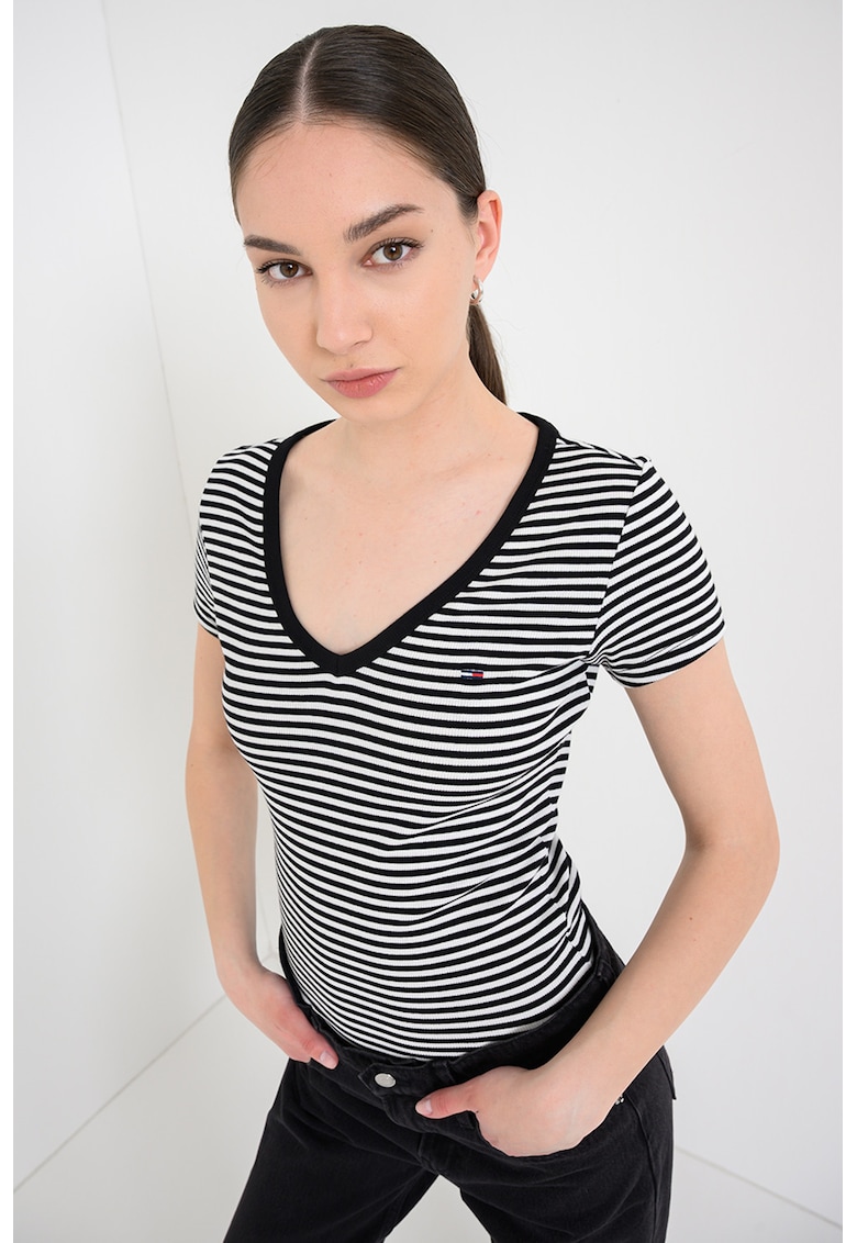 Tricou striat cu decolteu in V - Alb murdar/Negru antracit