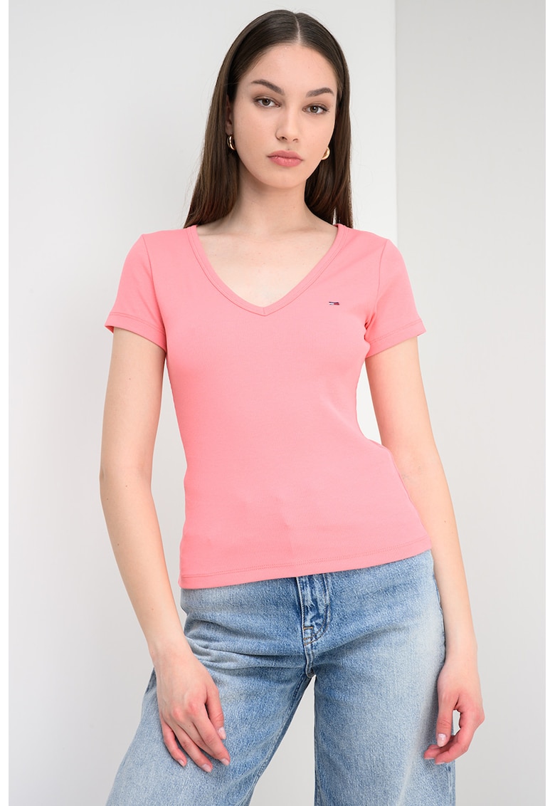 Tricou striat cu decolteu in V - Roz somon