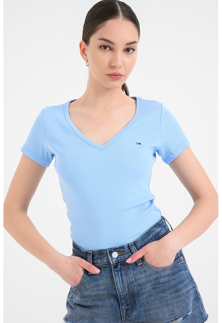 Tricou striat cu decolteu in V - Albastru pastel