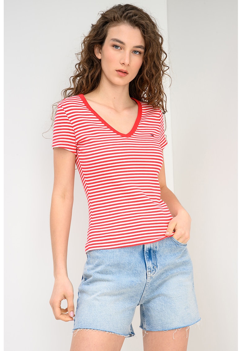 Tricou striat cu decolteu in V - Rosu/Alb