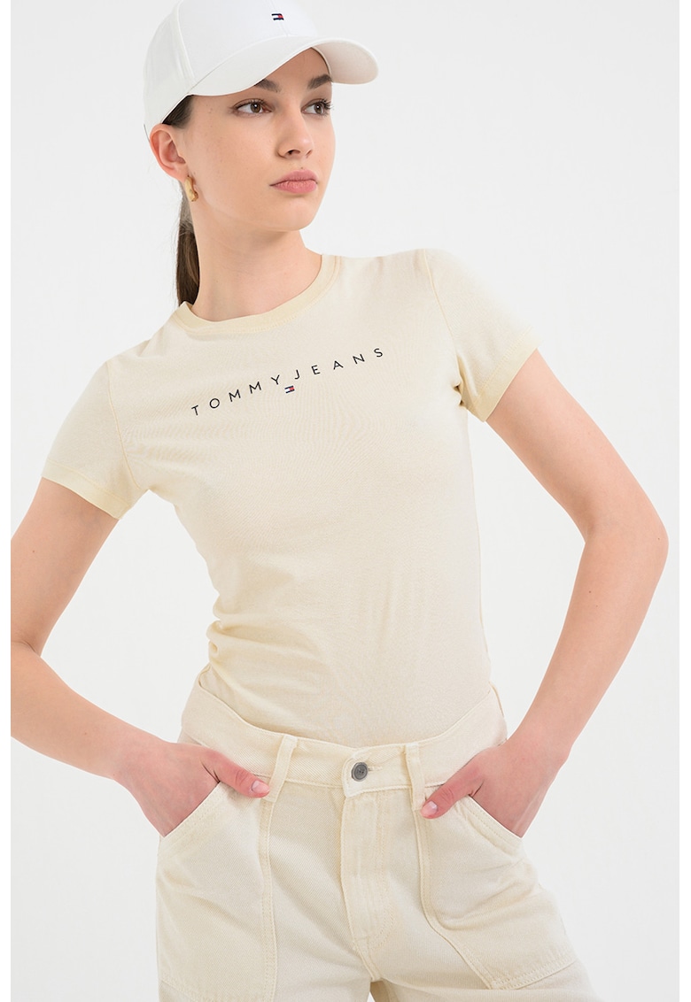 Tricou slim fit cu imprimeu logo - Galben pal