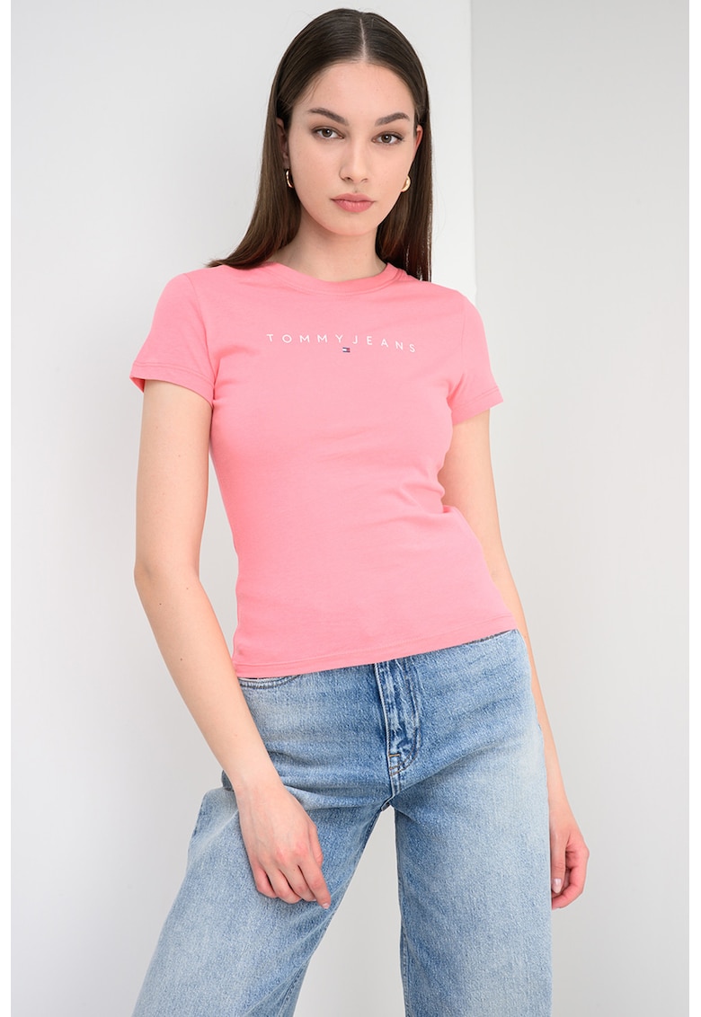 Tricou slim fit cu imprimeu logo - Roz somon