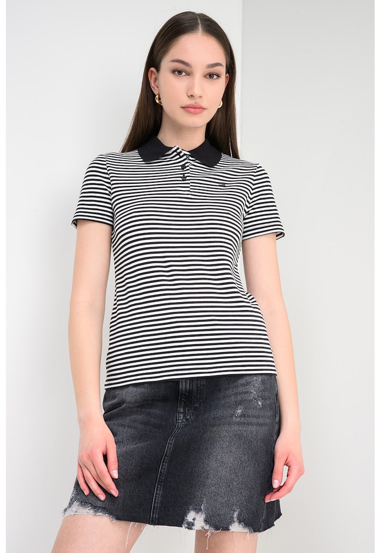 Tricou polo cambrat - Alb rece/Negru antracit