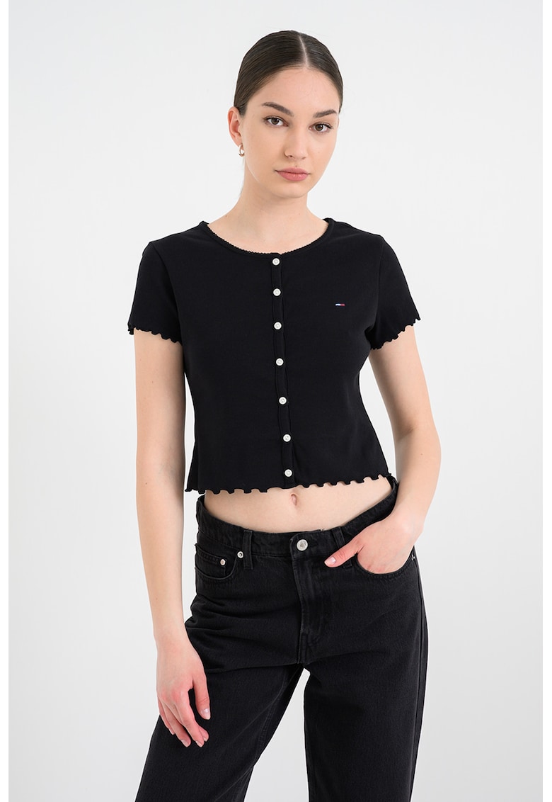 Tricou crop cu nasturi - Negru antracit