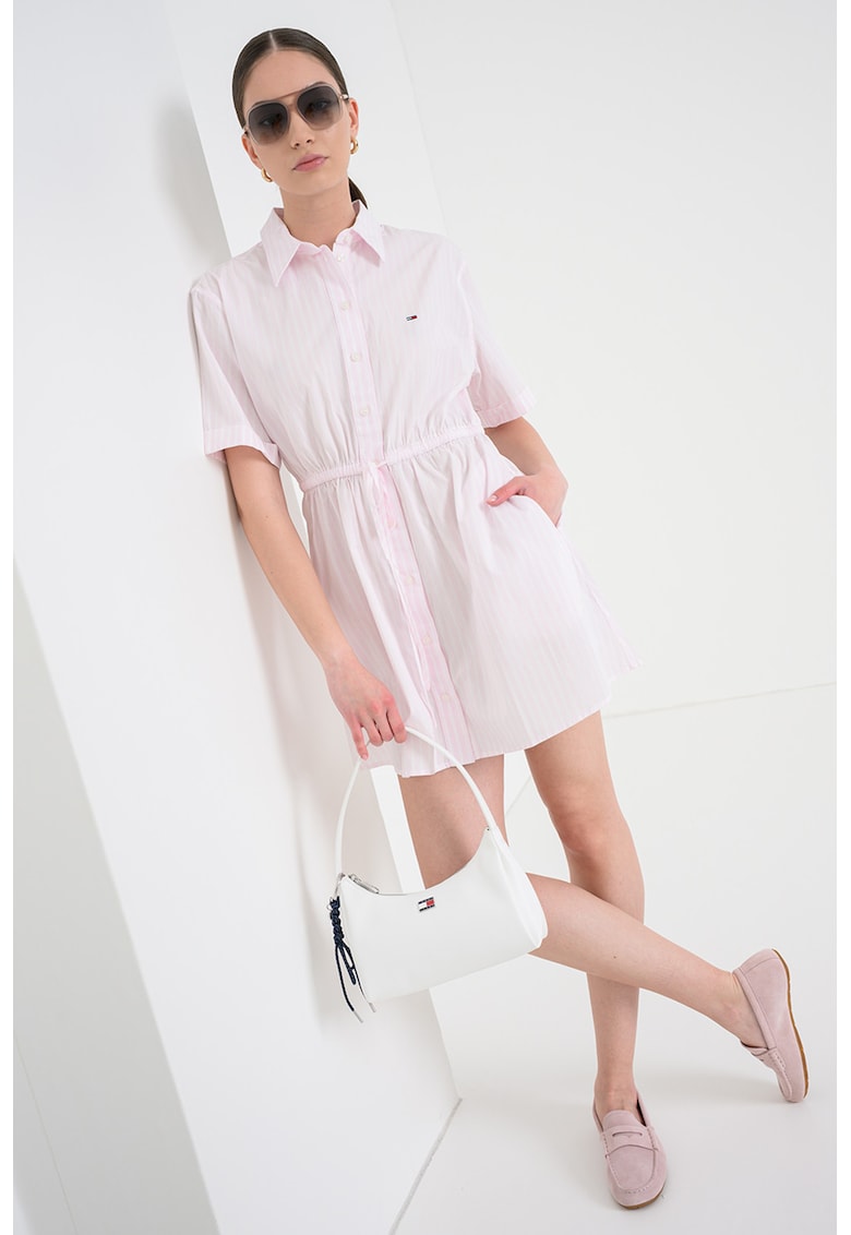 Rochie-camasa mini cu model in dungi - Alb murdar/Roz pal