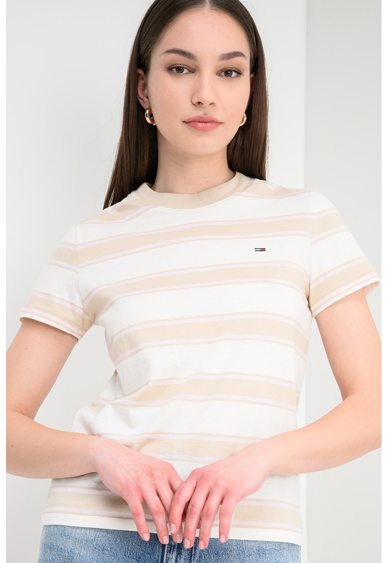 Tricou de bumbac in dungi - Roz bombon/Alb antichizat/Bej antichizat
