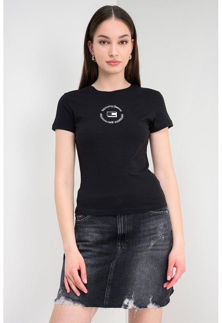 Tricou cu decolteu la baza gatului si logo - Negru antracit