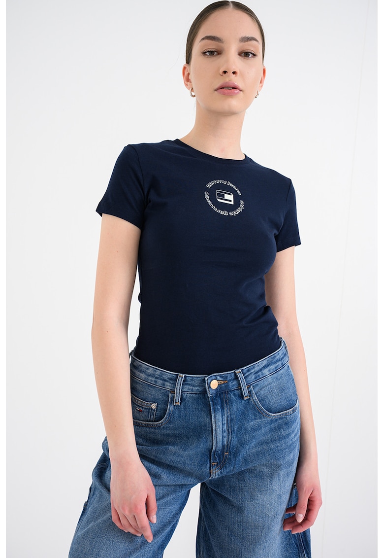 Tricou cu decolteu la baza gatului si logo - Albastru ultramarin