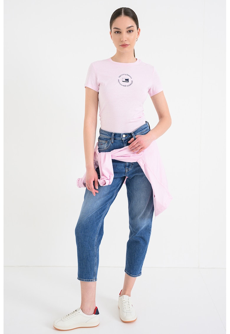 Tricou cu decolteu la baza gatului si logo - Roz pastel