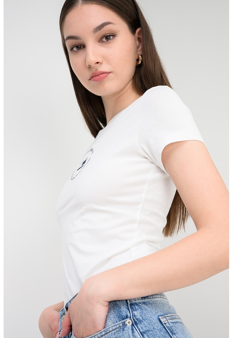 Tricou cu decolteu la baza gatului si logo - Alb murdar