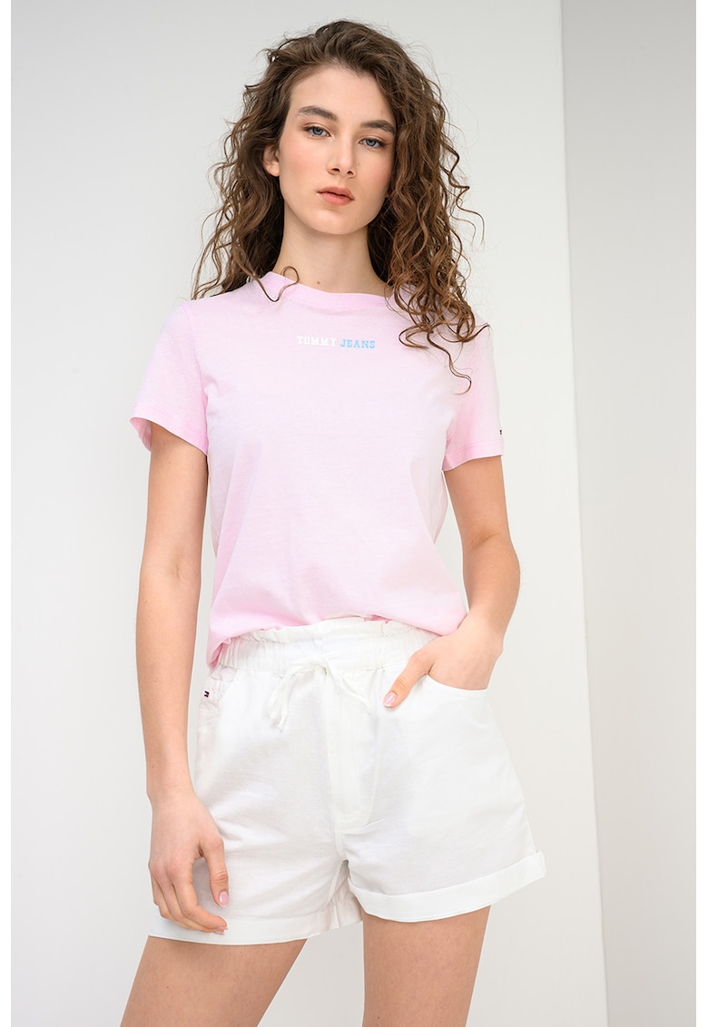 Tricou de bumbac cu imprimeu logo discret - Roz pal