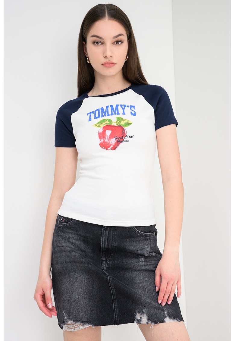 Tricou slim fit cu logo si imprimeu grafic - Bleumarin stins/Alb antichizat