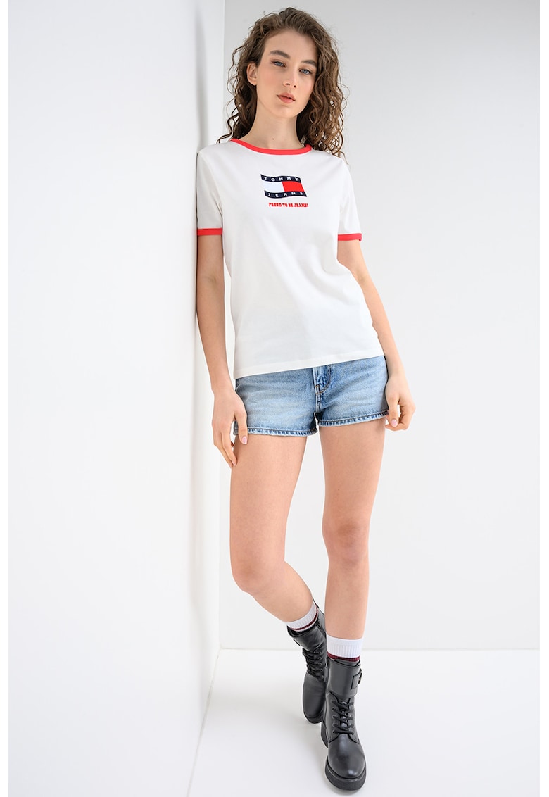 Tricou cu decolteu la baza gatului si imprimeu logo - Alb/Rosu neon