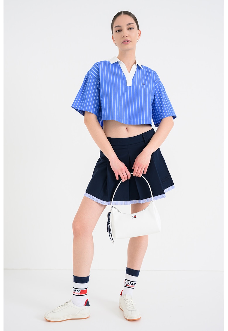Tricou crop polo supradimensionat - Albastru neon/Alb murdar