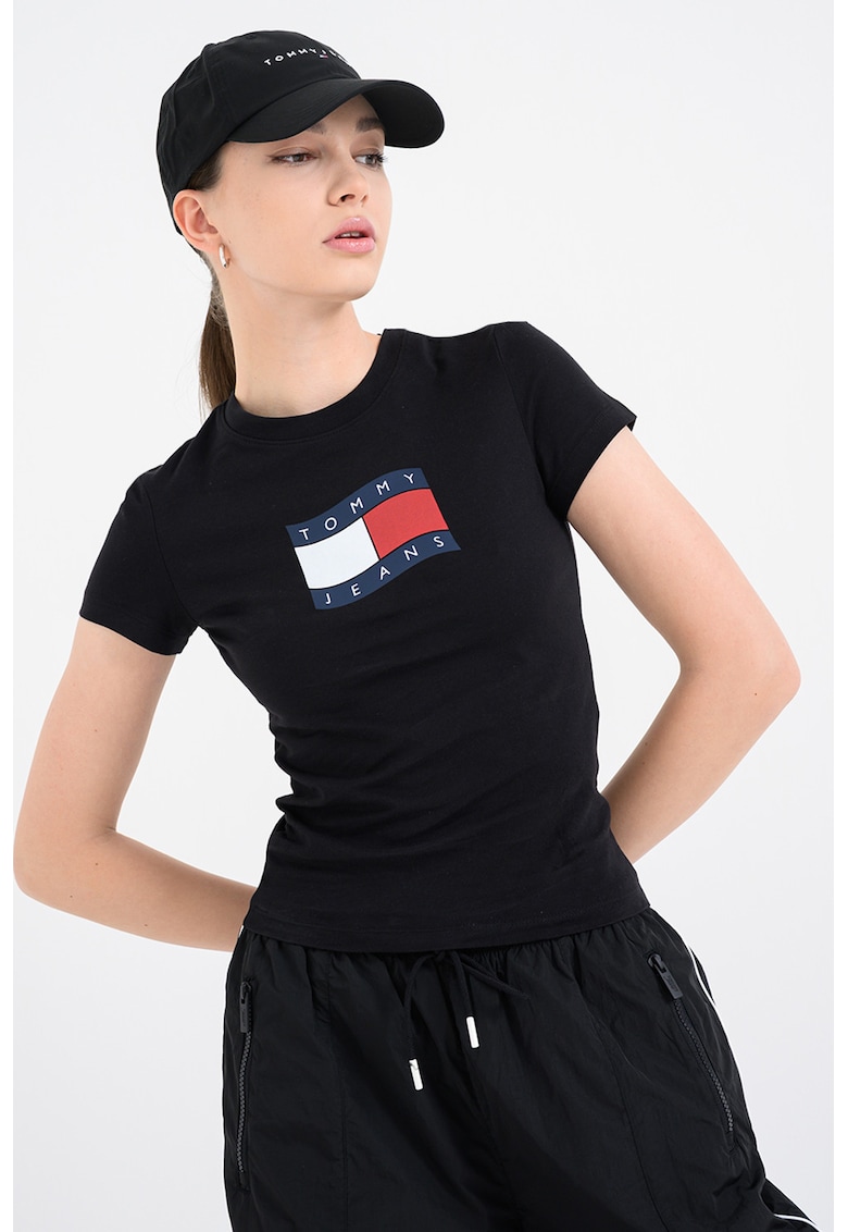 Tricou cu decolteu la baza gatului si logo - Negru carbon