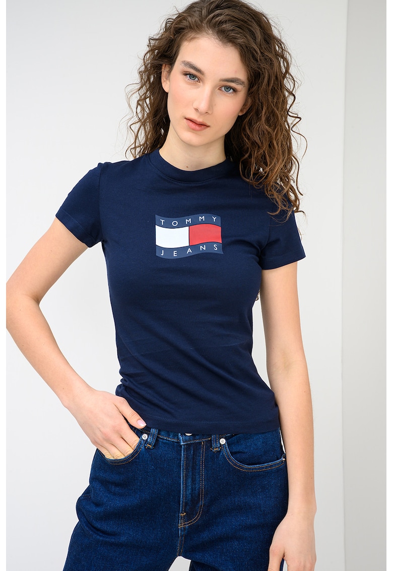 Tricou cu decolteu la baza gatului si logo - Alb/Albastru ultramarin