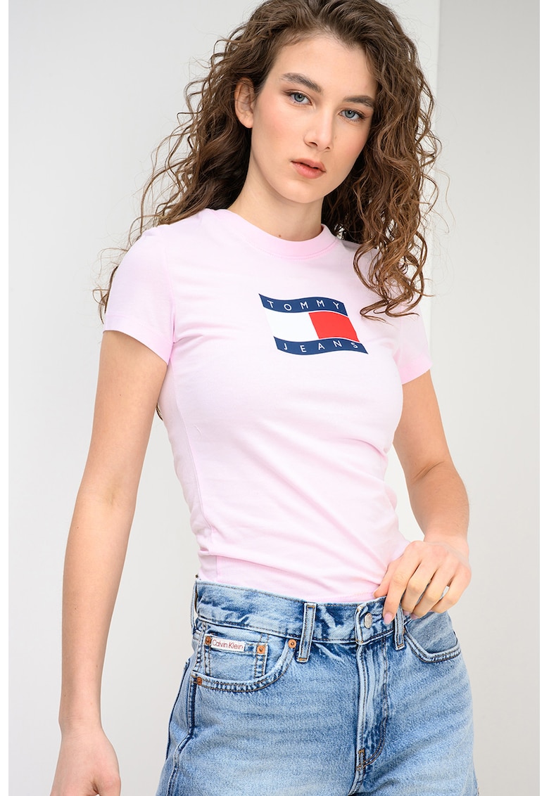 Tricou cu decolteu la baza gatului si logo - Roz pastel/Bleumarin