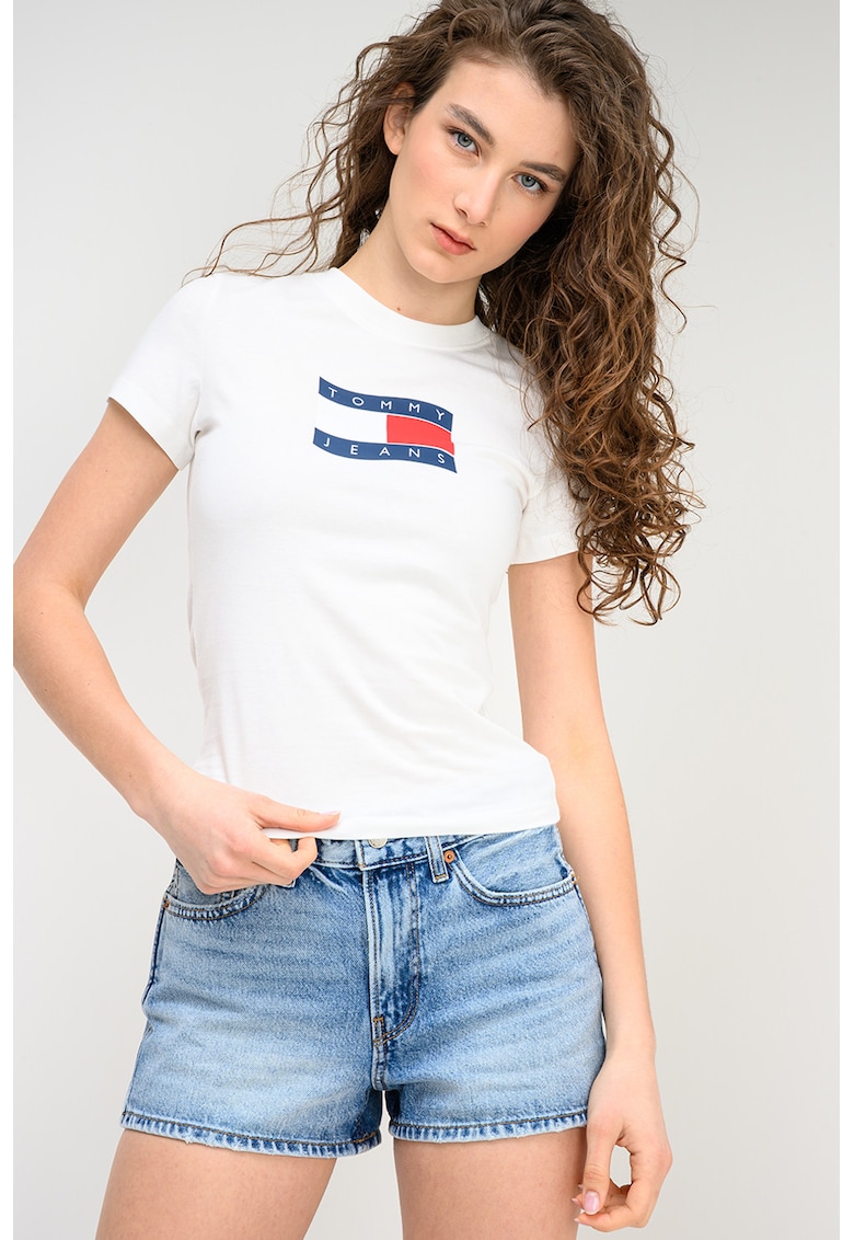 Tricou cu decolteu la baza gatului si logo - Alb/Bleumarin