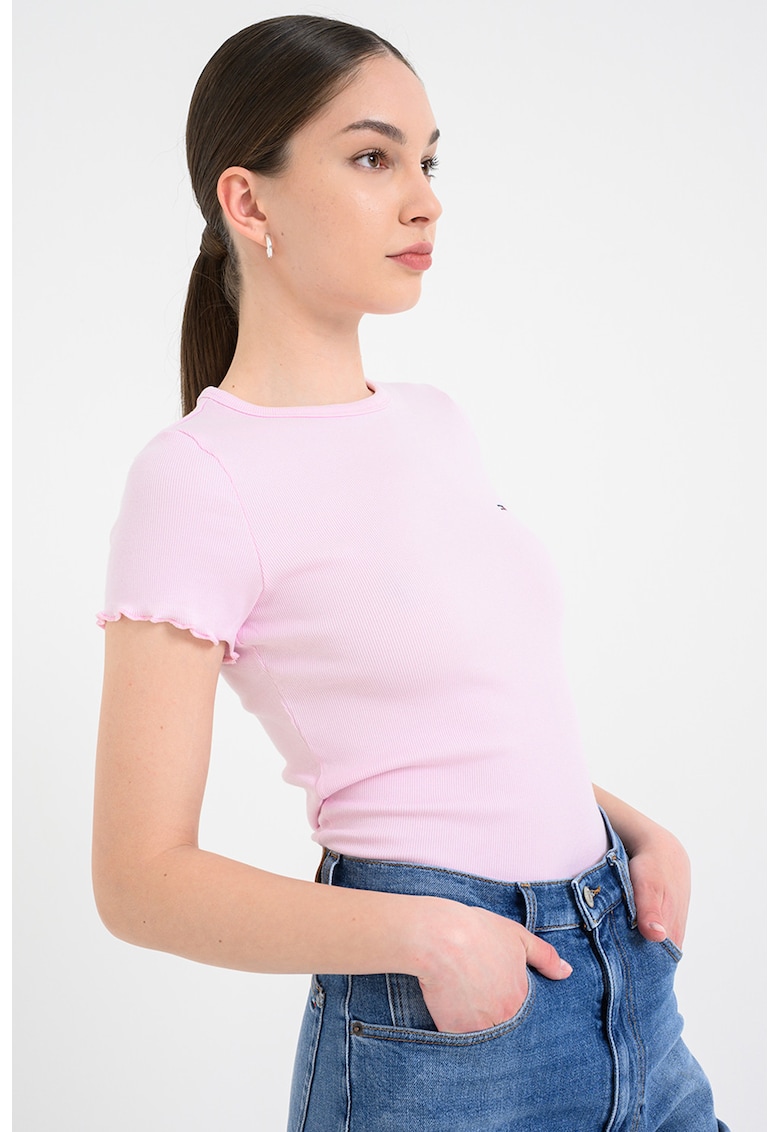 Tricou slim fit cu margini valurite - Roz pastel