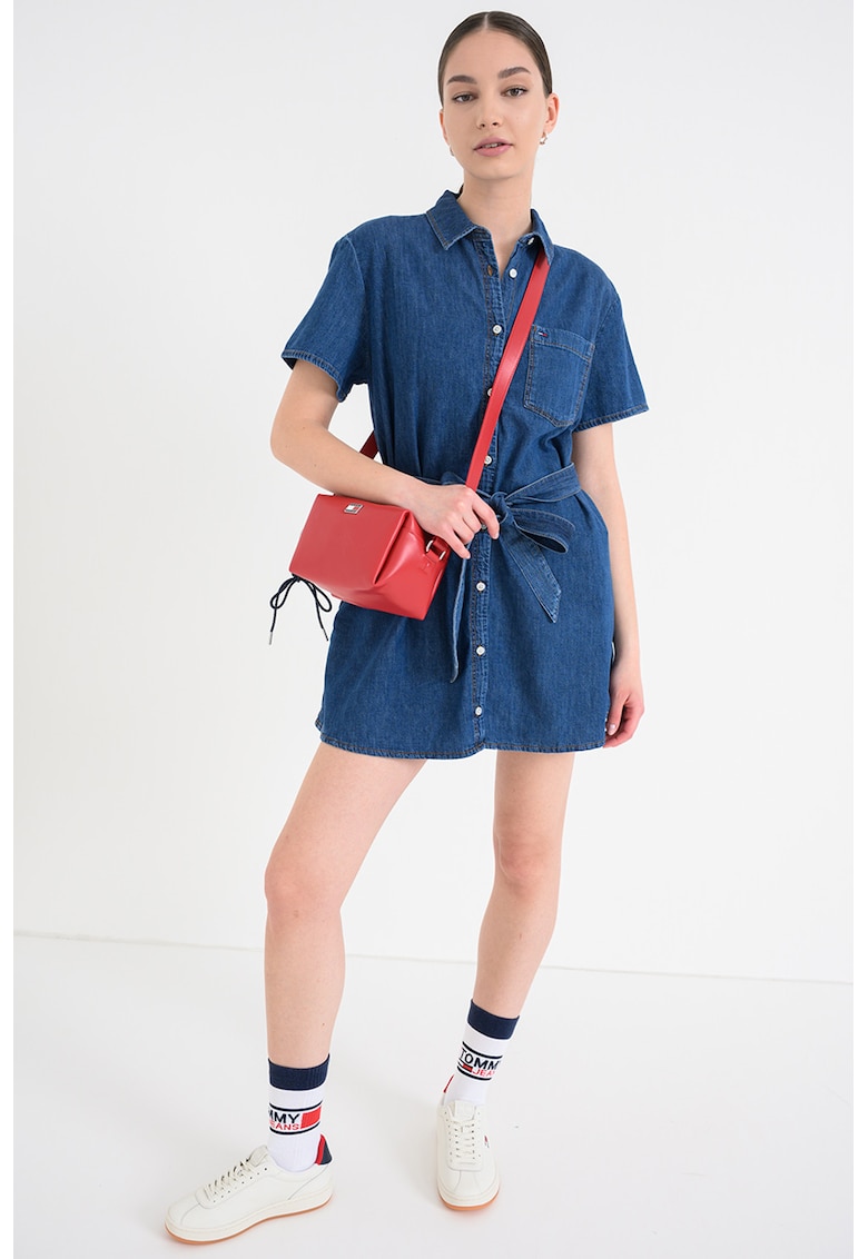 Rochie-camasa mini de denim cu buzunare laterale - Albastru prafuit