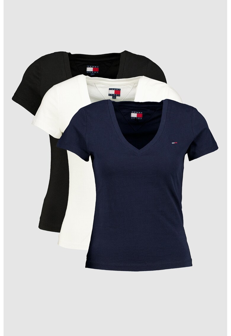 Set de tricouri slim fit cu decolteu in V - 3 piese - Alb arctic/Negru antracit/Albastru
