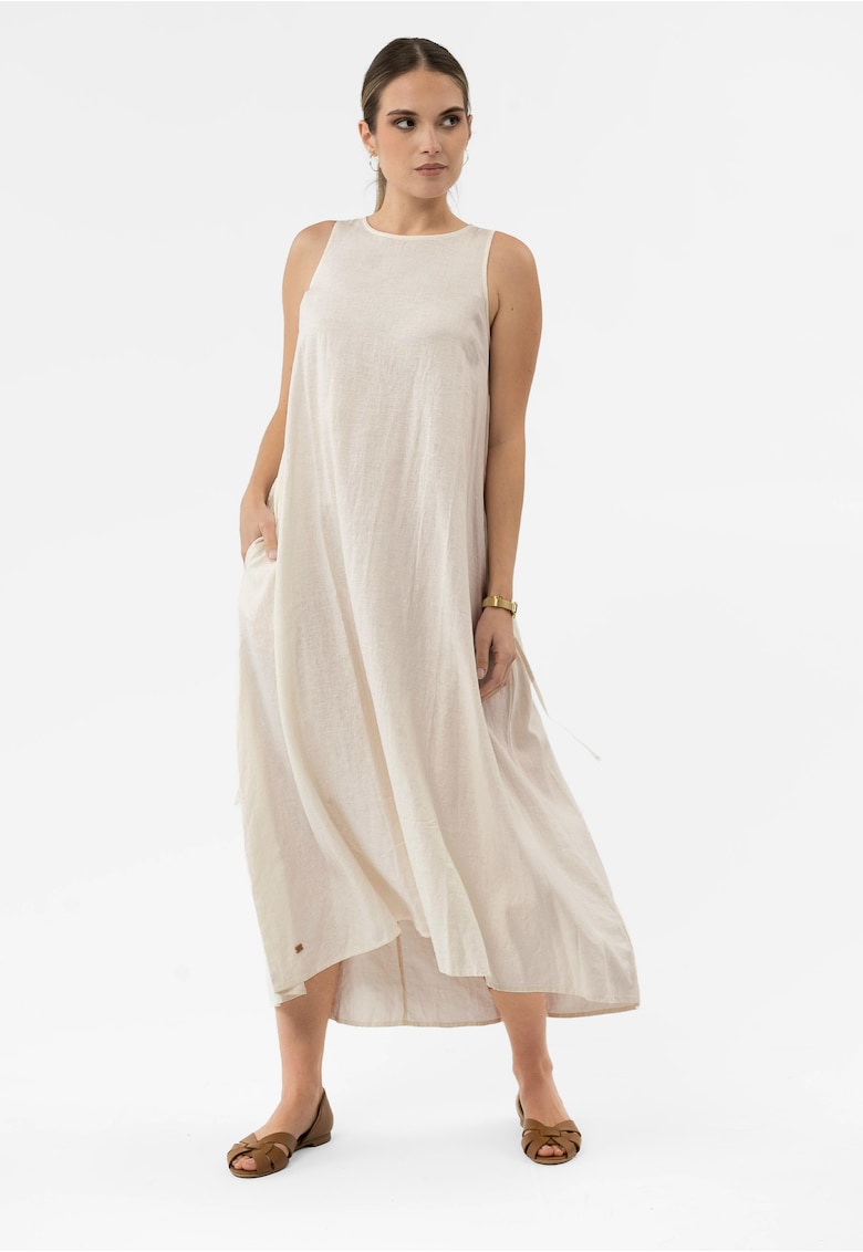 Rochie lunga supradimensionata cu decolteu rotund din amestec de in - buzunare - fara maneci - G-Makayla - crem - Crem