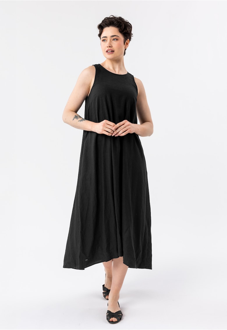 Rochie lunga supradimensionata cu decolteu rotund din amestec de in - buzunare - fara maneci - G-Makayla - negru - Negru