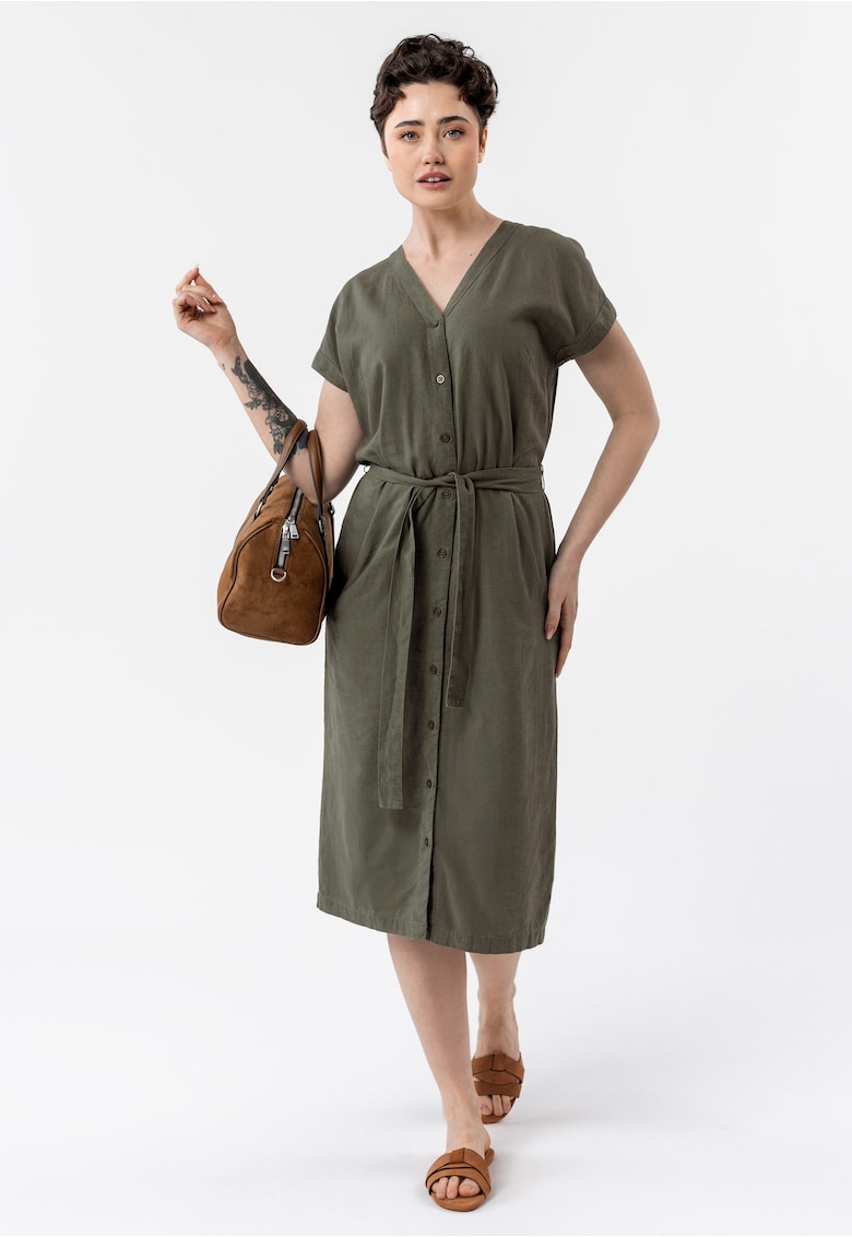 Rochie-camasa lunga din amestec de in si viscoza - cu nasturi - cu guler - maneci scurte - curea in talie - G-Sunray - kaki - Kaki