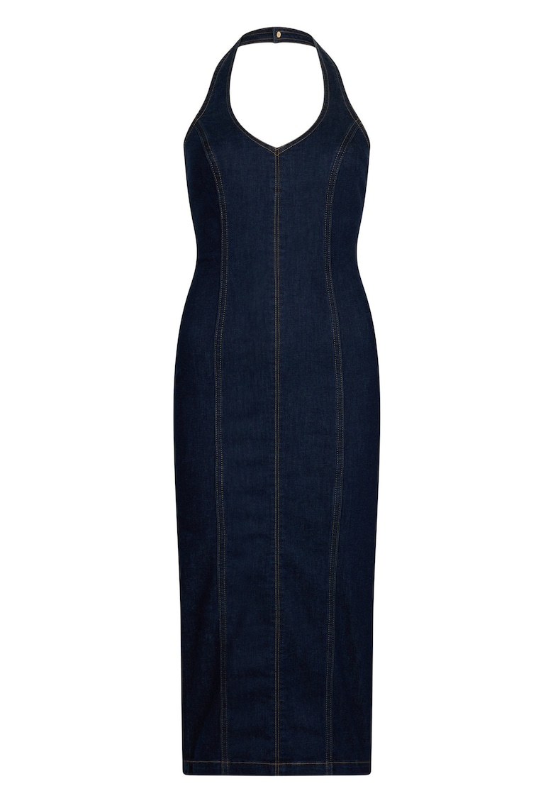 Rochie midi cambrata din denim cu slit pe partea din spate - Albastru ultramarin