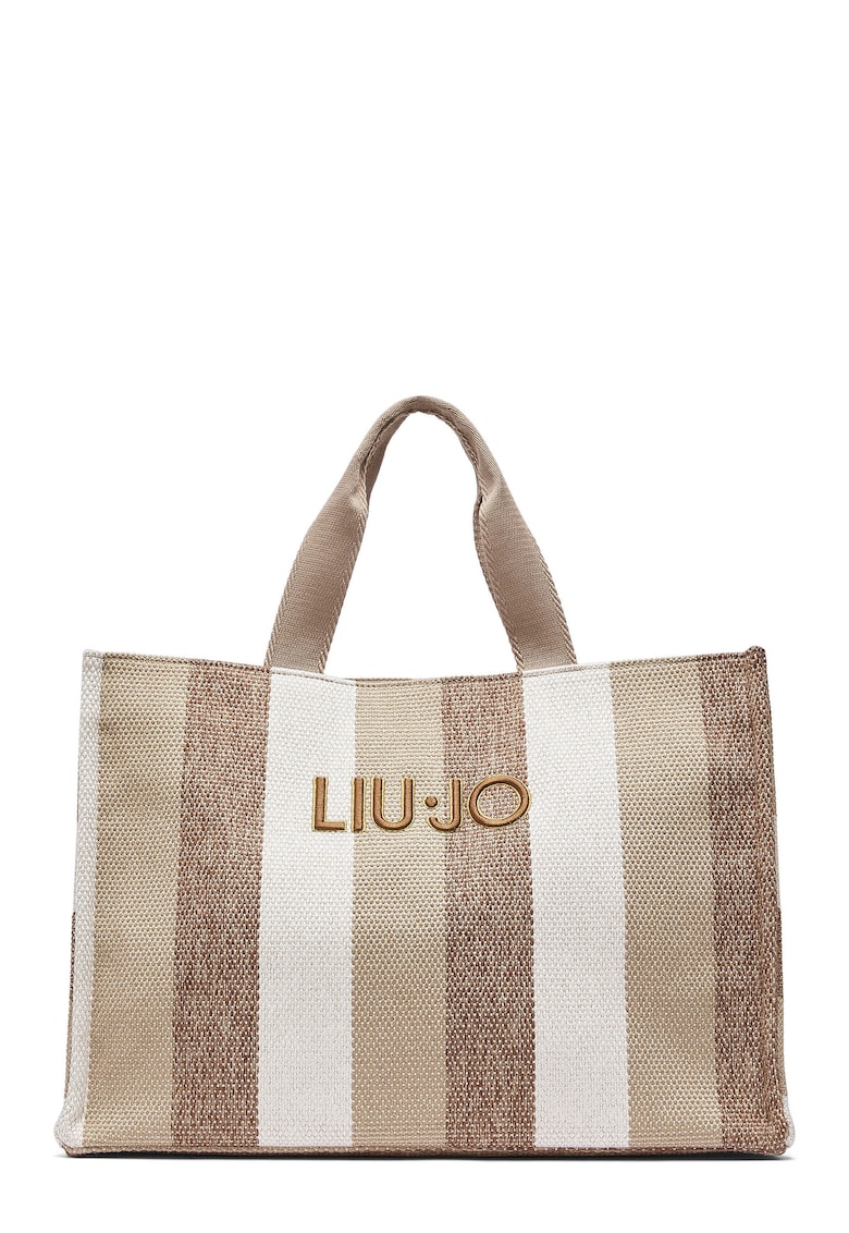 Geanta tote cu model in dungi si logo brodat - Alb/Maro/Bej